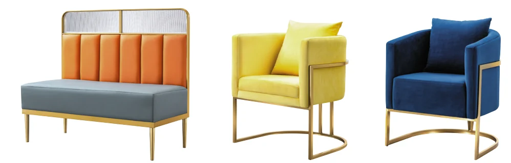 A selection of upholstered seating in orange, yellow and navy