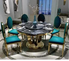 Contemporary round dining table and upholstered dining chairs