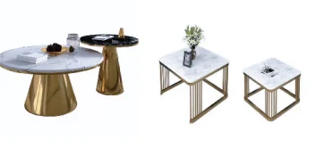 Glass and marble-effect coffee tables from the company product brochure