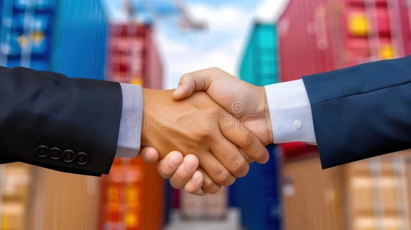 Business partners shaking hands at a shipping container terminal